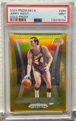 2023-24 Panini Prizm Deca Jerry West TRUE GOLD PRIZM /10 #284 SSP PSA 9 LAKERS - Image 1 of 2
