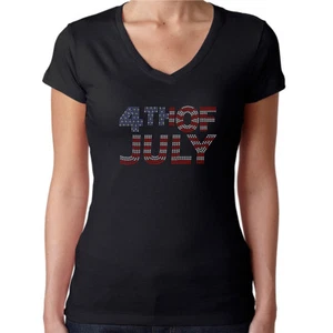 Womens T-Shirt Rhinestone Bling Black Fitted Tee 4th of July Flag Red White Blue - Picture 1 of 7