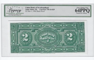 1882  Union Bank of Newfoundland $2 Note  Cat#750-16-02P Legacy 64 PPQ (Back) - Bild 1 von 2