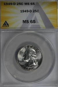 1949-D .25 ANACS MS 65 Washington Quarter, Silver 25 Cents (0.25) - Picture 1 of 2