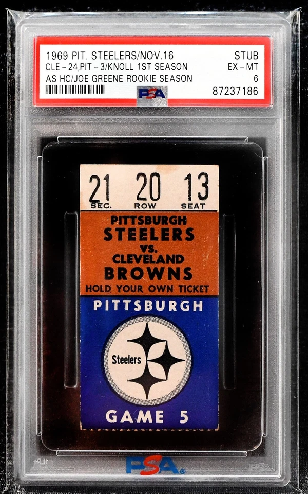 Steelers Chuck Noll & Joe Greene 1969 talón de boleto de novatos (pit 3 sacos) - PSA 6 Foto 1 de 2