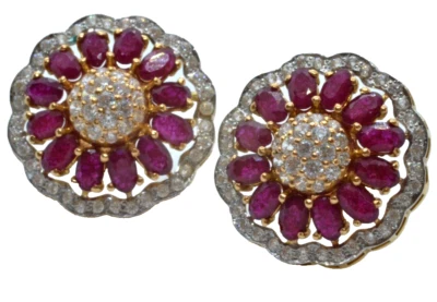Vintage 21K Yellow Gold Ruby & CZ Round Floral Design Stud - Image 1 of 4