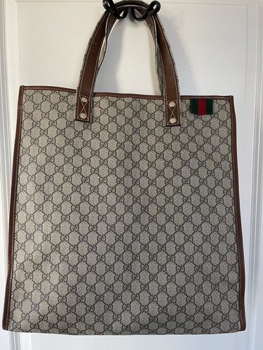 Autentica tote Gucci Monogram GG rivestita in tela in pelle marrone. Raro trovato. Grande.