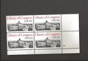 20 CENT LIBRARY OF CONGRESS SCOTT # 2004 PLATE BLOCK OF 4 MNH 1982 MULTI ARCHITE - Imagen 1 de 1