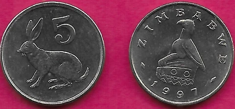 ZIMBABWE 5 CENTS 1997 UNC SCRUB HARE(Lepus saxatilis) SITTING LEFT,DENOMINATION Cover