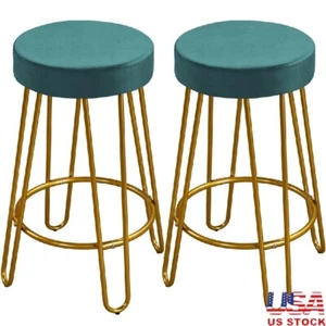 Upholstered Velvet Counter Stools Set of 2 Golden Metal Legs Kitchen Bar Chair - Picture 1 of 8