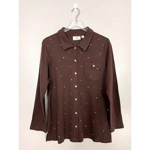 NWT Quacker Factory Brown Rhinestone Snap Front Waffle Knit Shirt Jacket Medium - Picture 1 of 10
