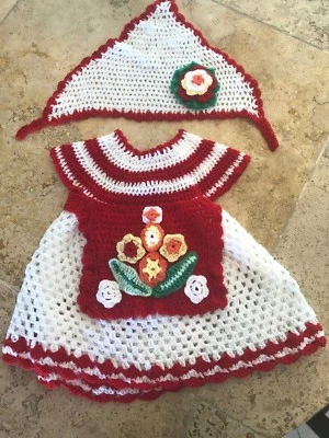 Vestido de bebê de crochê feito à mão e cachecol de cabeça combinando com flores - Imagem 1 de 4