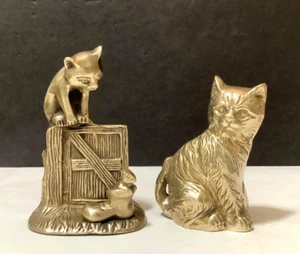 Pair Vintage 2.10 LBS Solid Brass  4-1/2” and 5-1/2” Tall Cats Kitties Figurines - Picture 1 of 6