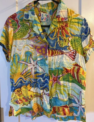 Camisa estampada vintage anos 80 anos 90 JAMS WORLD rayon havaiana PEIXE MAR ARTE ABSTRATA XS - Imagem 1 de 4