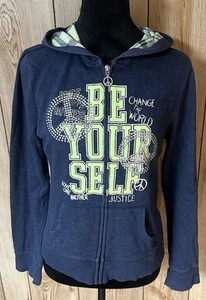 Justice Y2K “Be Your Self” Sequined Navy Zip Up Hoodie Size 14 Juniors - Picture 1 of 15