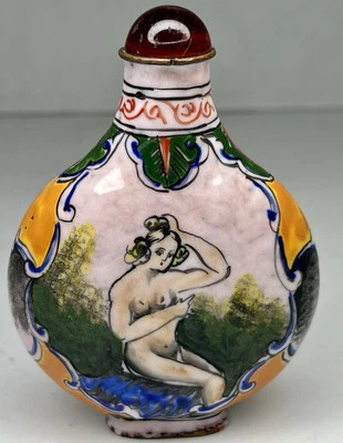 Botella de tabaco rara vintage china del siglo XIX pintada a mano para mujer de baño tapa roja Foto 1 de 4