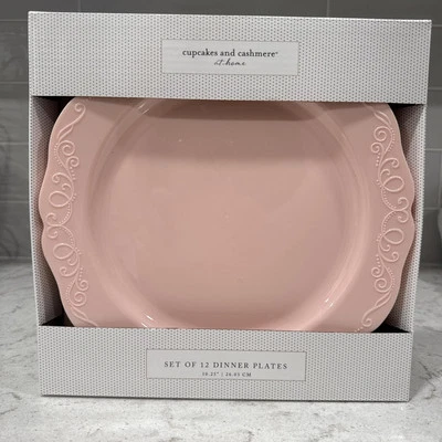 Set 12 PINK SCROLL 10.25” Dinner Plates Disposable Boxed Cupcakes & Cashmere NEW - Image 1 of 4