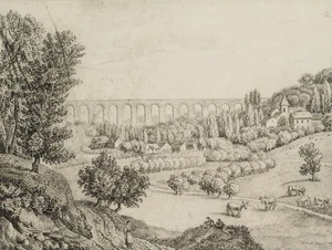 C. GRAIMBERG (*1774), Landschaft mit Aquädukt, um 1800, Kohle Romantik 1800-1849 - Bild 1 von 4