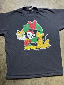 Vintage Disney Mickey And Pluto Christmas XL Black T Shirt - Picture 1 of 7