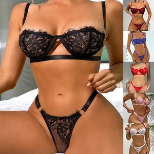 Sexy Lace Embroidery Lingerie Set Women's See through Bra with Push Up Briefs - Picture 1 of 32