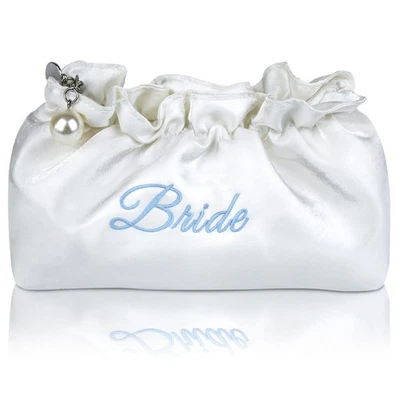 Bolso de Cosméticos Novia Blanco Cremoso Satinado Algo Azul Bordado Seda Maquillaje... Foto 1 de 4