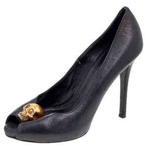Alexander McQueen Black Leather Crystal Embellished Skull Peep Toe Pumps Size 36 - Picture 1 of 8