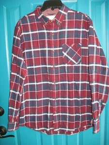 Men's Medium Vintage Button Down Shirt Flannel Burgandy/Navy Plaid  - Picture 1 of 2