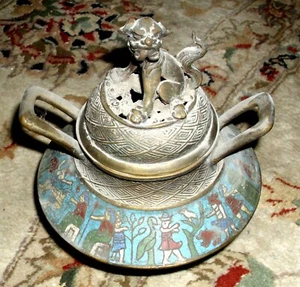 Antike Cloisonne Champleve verziert Bronze Weihrauch Brenner Japan gealterte Patina - Bild 1 von 12