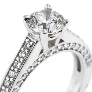1.38ct I-VS2 Round Natural Certified Diamonds Platinum Classic Side-Stone Ring - Picture 1 of 14