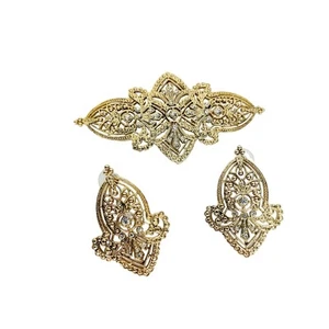 Vintage JJ Jonette Gold Tone and Rhinestone Earring & Pin Set 1988 Victorian - Picture 1 of 7
