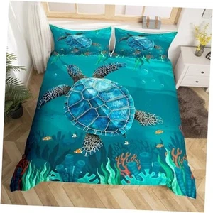 Kids Sea Turtle Bedding Set Ocean Fish Bedding Duvet Cover Set For Boys Teens - Picture 1 of 8