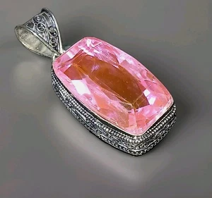 Pink Topaz 925 Sterling Silver Gemstone Pendant Rectangular Stunning! Large 4372 - Picture 1 of 11