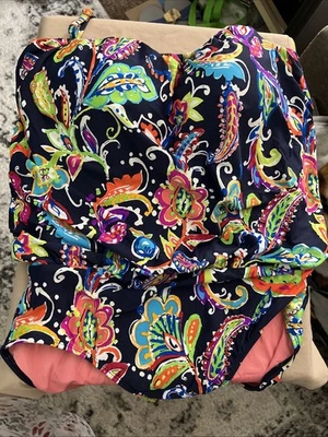 Anne Cole Floral Twist Front Shirred Bandeau One Piece,尺寸 12 亮色! — 第 1/4 张图片