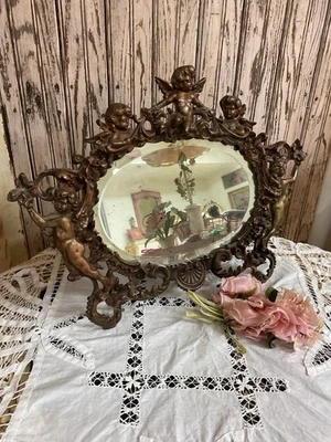 Espejo de tocador grande antiguo de hierro fundido querubín de los años 20 y marco estilo francés #3 Foto 1 de 4