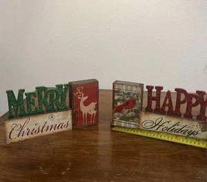 Insegne rustiche Buon Natale e Buone Feste in legno set 2 tavolo fattoria - Foto 1 di 3
