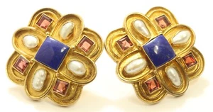 Vintage Sterling Silver Vermeil Lapis Pearl & Garnet Etruscan Post Earrings - Picture 1 of 3