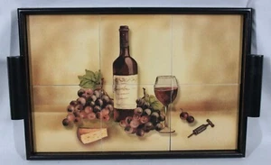 WINE THEMED BEAUTIFUL DARK WOOD + CERAMIC TILE HANDLED SERVING TRAY 21" X 13" - Picture 1 of 6
