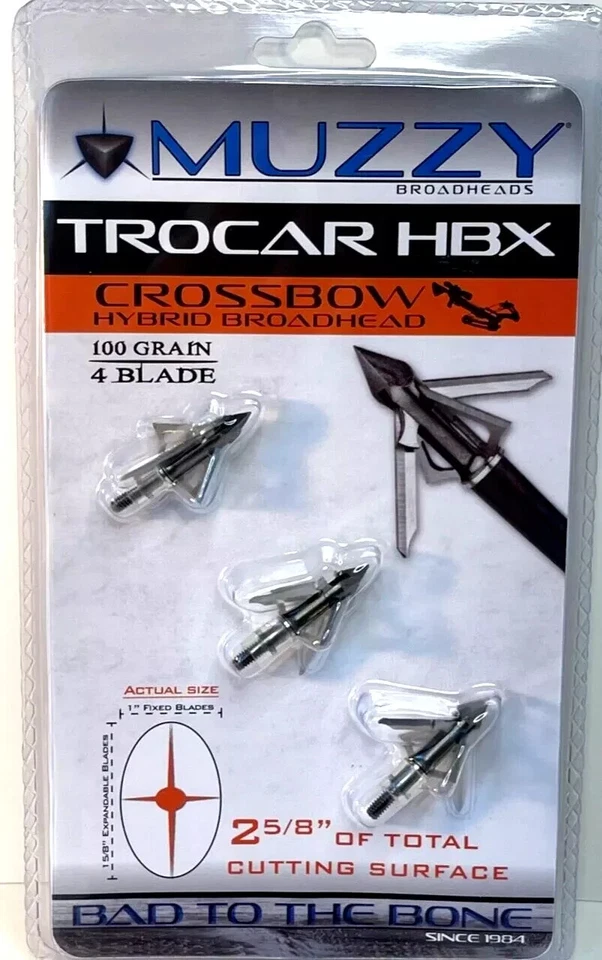 4pk Muzzy Archery Trocar HBX Crossbow Hybrid 4 blade 100 Gr 3 Pk Broadheads
