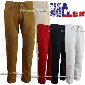 Mens Moto Biker Twill Pants Elastic Waist Slim Fit Jean Chinos Khaki Trousers - Picture 1 of 17