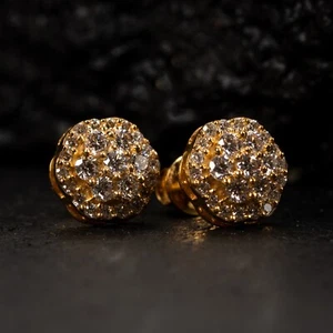Men's Real 14K Yellow Gold Iced Lab Grown Diamond Flower Cluster Stud Earrings - Picture 1 of 6
