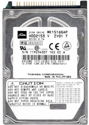 Hard Drive Toshiba MK1516GAP 15GB 4200RPM 1MB Cache PATA / IDE / ATA 2.5' Inch - Image 1 of 3