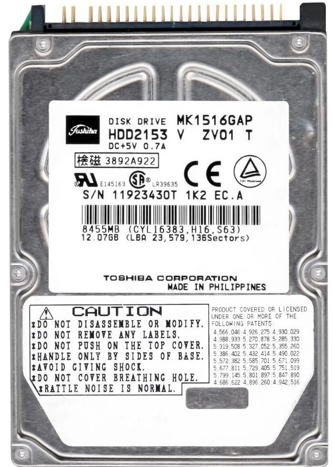 Hard Drive Toshiba MK1516GAP 15GB 4200U/Min 1MB Cache Pata / Ide / Ata 2.5' Inch - Image 1 of 3