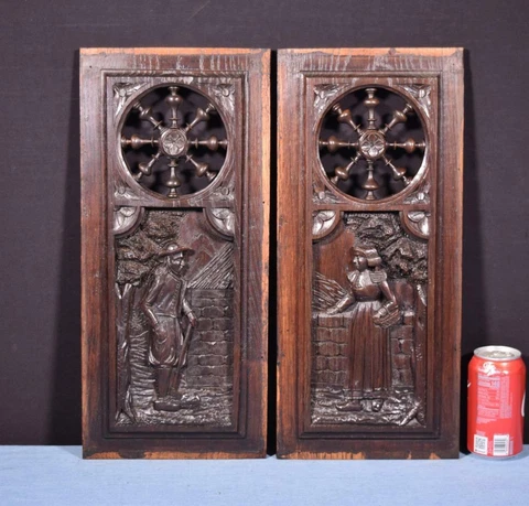 *Pair of French Antique Carved Breton Panels in Chestnut Wood with Deep Carvings Cover