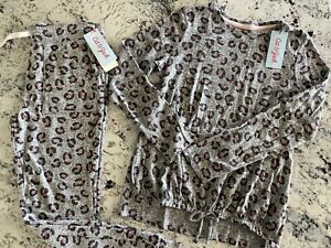 Lot 2 pc CAT & JACK Girls Knit Pants & Match Top Gray &Pink Leopard Size L 10/12
