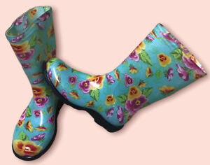 Sloggers Gardening Rain Boots Womens Sz 6 Teal Floral Pansies Pull On Garden Mud