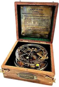 Vintage Brass Sundial Compass Nautical Antique Wooden Box Gilbert Sons 5 Inch - Picture 1 of 4