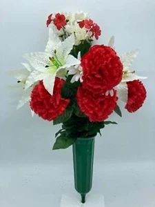 Silk Red Carnation & White Lilly Bouquet Vase - Picture 1 of 8