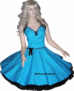 Vestido de baile de los años 50 puntos enagua turquesa azul lunares blancos acento negro - Imagen 1 de 5