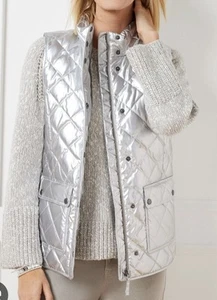 Talbots Metallic Silver Puffer Vest Duck Down Filled Pockets Full & Zip Snap S - Picture 1 of 12