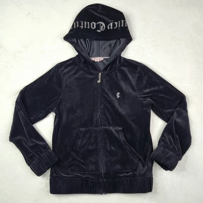 Jaqueta com capuz Juicy Couture juvenil infantil meninas média 8-10 veludo preto zíper completo  - Imagem 1 de 4
