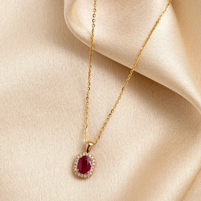 Oval Cut Natural Red Ruby & Diamond Halo Pendant Chain Solid In 14k Yellow Gold - Image 1 of 4