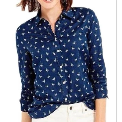 Talbots Cotton Button Front Shirt Mallard Duck Navy Sz Large  - Image 1 of 4