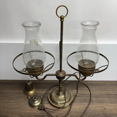 Antique Double Arm Brass Student Lamp Clear Glass Chimneys - Image 1 of 4