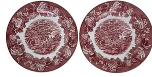 Two Vintage Enoch Woods Sons English Scenery Pink Red Transferware Dinner Plates - Picture 1 of 7